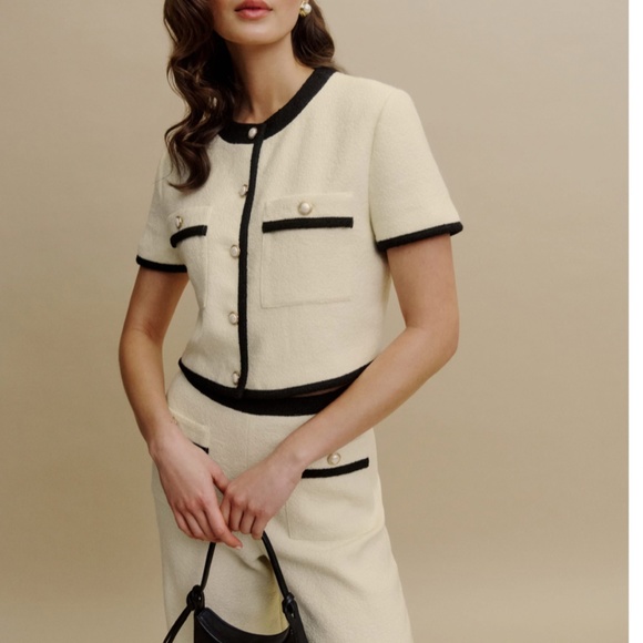 *Top Only* Reformation Blair Two Piece Set - Cream/Black Tweed